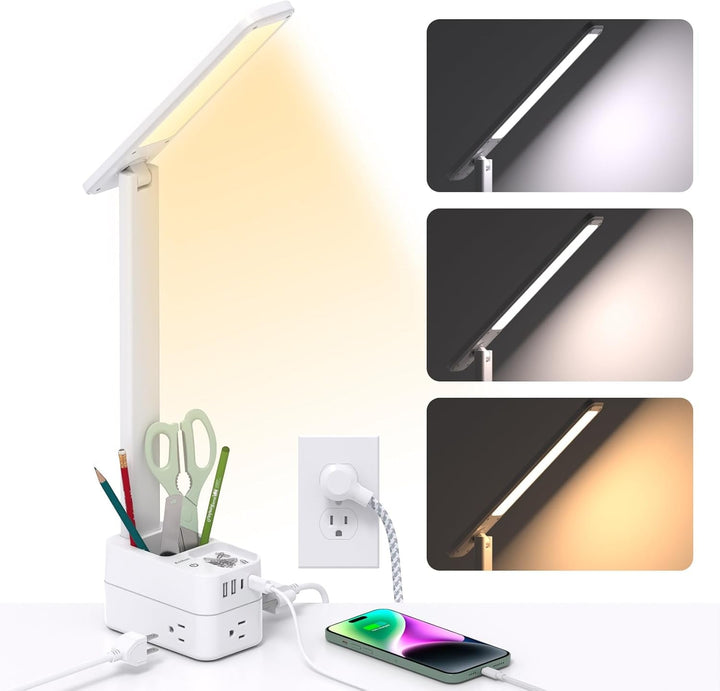 Addtam LED Desk Lamp, Power Strip with 3 Outlets 4 USB Charging Ports(2 USBC), 4 Modes 5 Level Brightness Touch Lamp, Small Desk Lamp for Home Office College Dorm Room Essentials