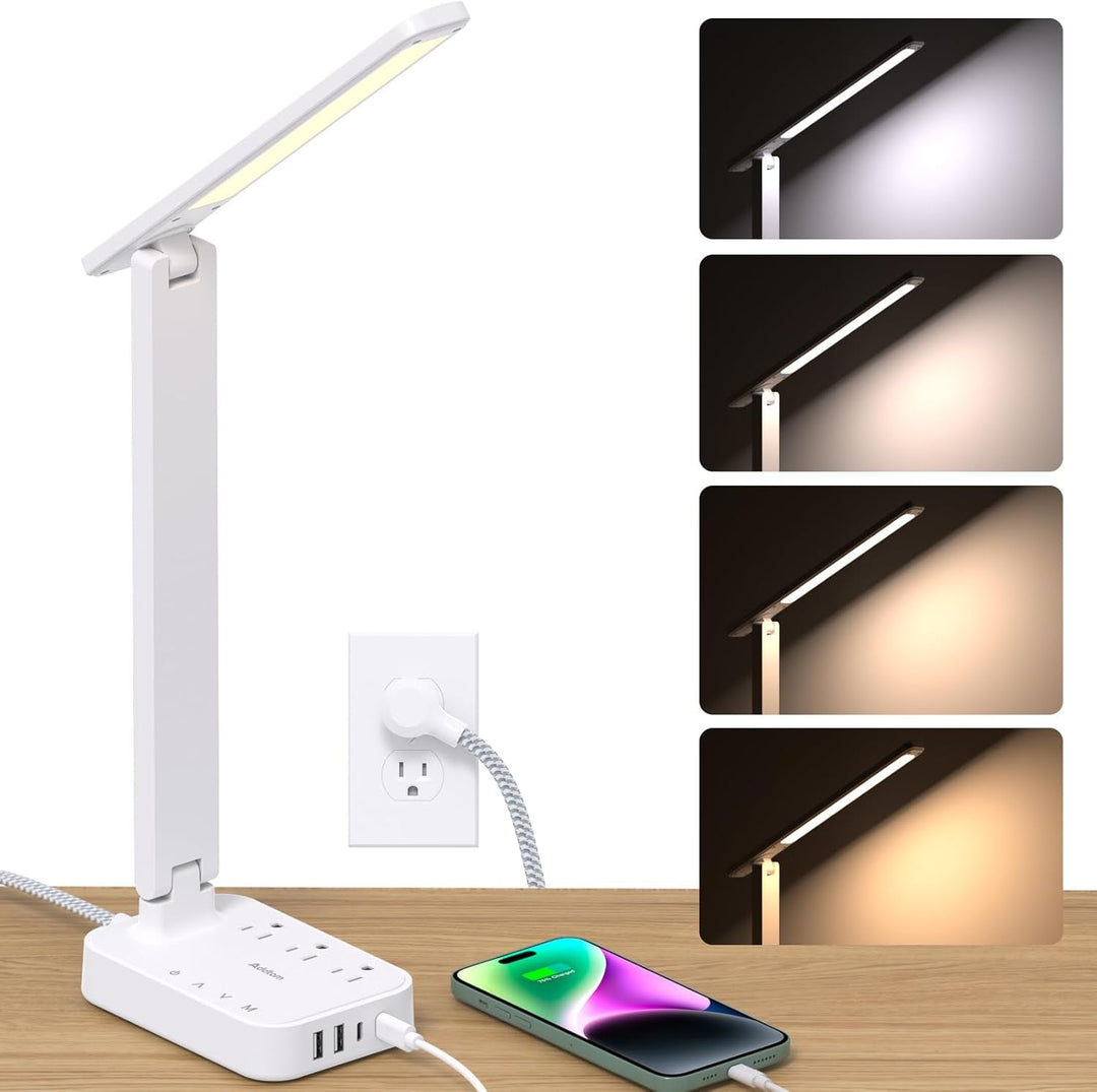 Addtam LED Desk Lamp, Power Strip with 3 Outlets 4 USB Charging Ports(2 USBC), 4 Modes 5 Level Brightness Touch Lamp, Small Desk Lamp for Home Office College Dorm Room Essentials